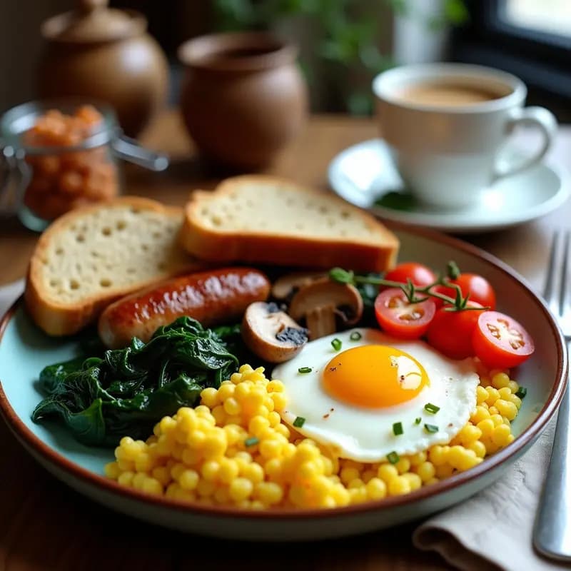 Plato abundante de Full English Breakfast vegano con salchichas de Sincelejo doradas, champiñones portobello horneados, tofu revuelto amarillento, espinacas verdes, tomates cherry y pan tostado integral, decorado con hierbas frescas.