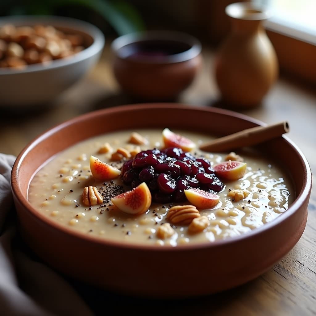 Bol de cerámica rústica con gachas de amaranto cremosas, cubiertas de compota de higos dorados y nueces pecanas tostadas, sobre un fondo de madera con semillas de chía y canela espolvoreada. Desayuno precolombino sin lactosa.