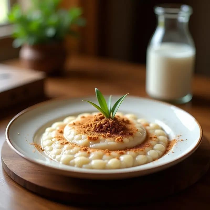 Bol de barro con gachas de amaranto cremosas, leche de coco y canela, decoradas con coco rallado tostado, nueces picadas y un toque de miel. Desayuno azteca sin lactosa sobre fondo rústico de madera.