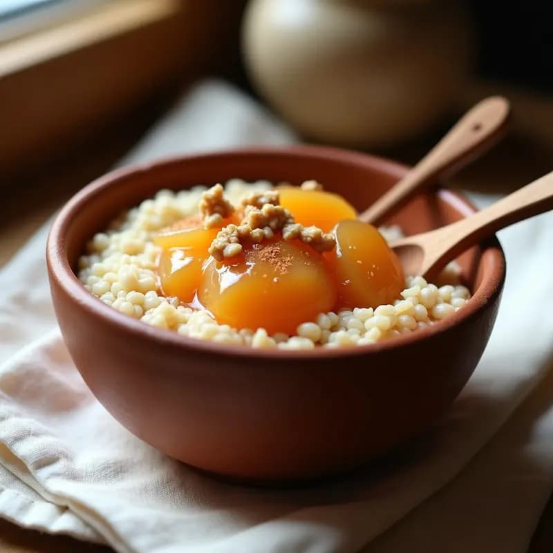 Bol de barro rústico con gachas de avena cremosas, espolvoreadas con canela y acompañadas de compota de membrillo dorada. Desayuno tradicional español servido con una cuchara de madera sobre fondo de lino blanco.