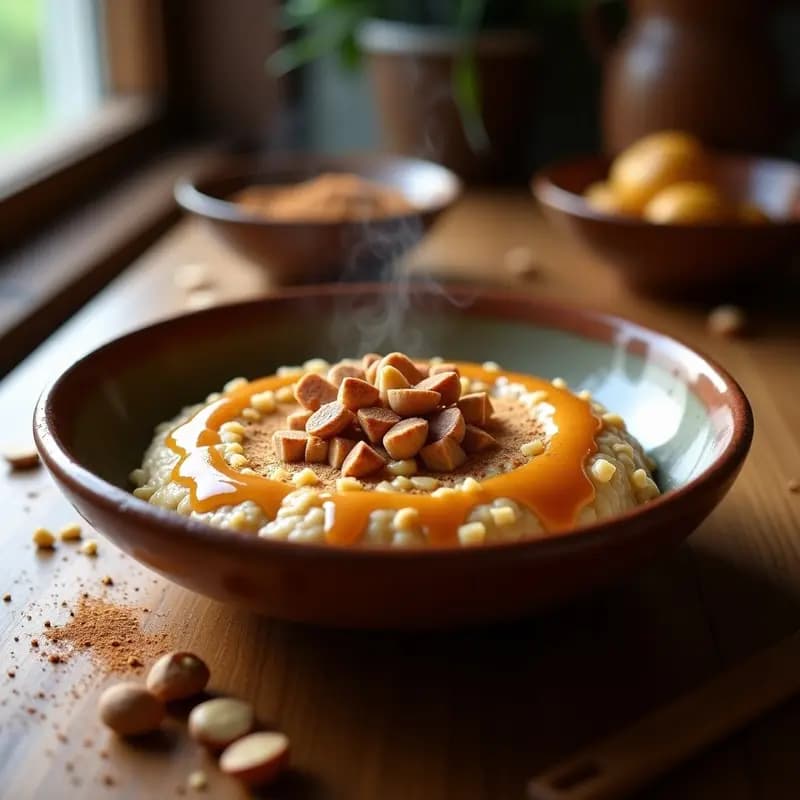 Bol de gachas de avena cremosas con polvo de maca, cubiertas de caramelo brillante y nueces de Brasil picadas, desayuno andino ultraenergético.