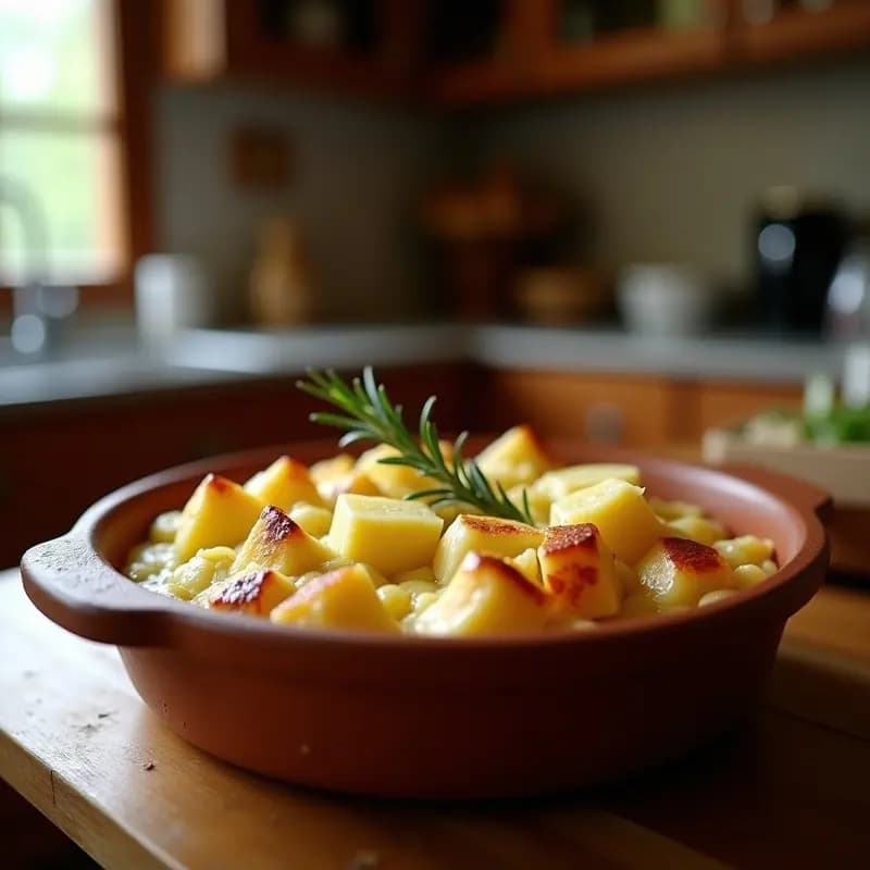 Cazuela de barro humeante con gachas manchegas cremosas, coronadas con trozos de queso de cabra fundido y una rama de romero fresco. Plato rústico y reconfortante típico de La Mancha.