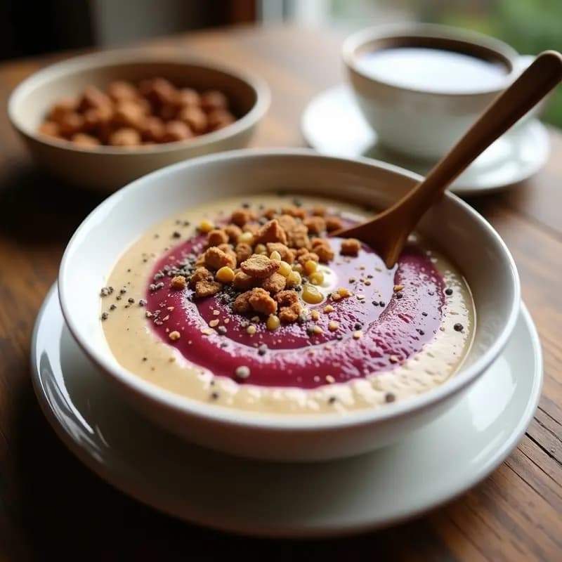 Bol de cerámica blanco con gachas cremosas de mijo y leche de avellana, coronadas con compota de higo chumbo de color fucsia y avellanas tostadas picadas. Fondo rústico con cuchara de madera y semillas de chía espolvoreadas.