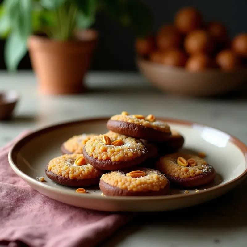 Bol de cerámica blanca con gachas de quinoa y cacao con leche de almendras, coronado con rodajas de plátano, almendras fileteadas y un espolvoreado de canela. Desayuno andino sin gluten cremoso y reconfortante.