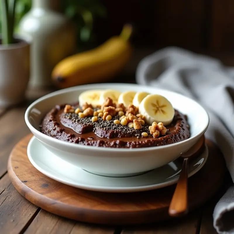 Bol de cerámica blanca con gachas cremosas de quinoa y chocolate negro, coronadas con rodajas de plátano maduro, nueces picadas y semillas de chía. Fondo rústico con cucharón de madera.