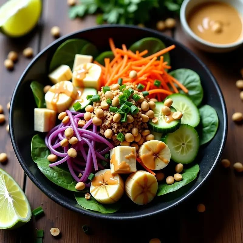 Plato hondo de cerámica negra con Balinés Gado-Gado: ensalada indonesia vegana con brotes de bambú, flor de plátano, jicama, zanahoria morada, tofu ahumado y espinacas, bañada en aderezo cremoso de cacahuete y lima, decorada con cacahuetes tostados y cebollino.