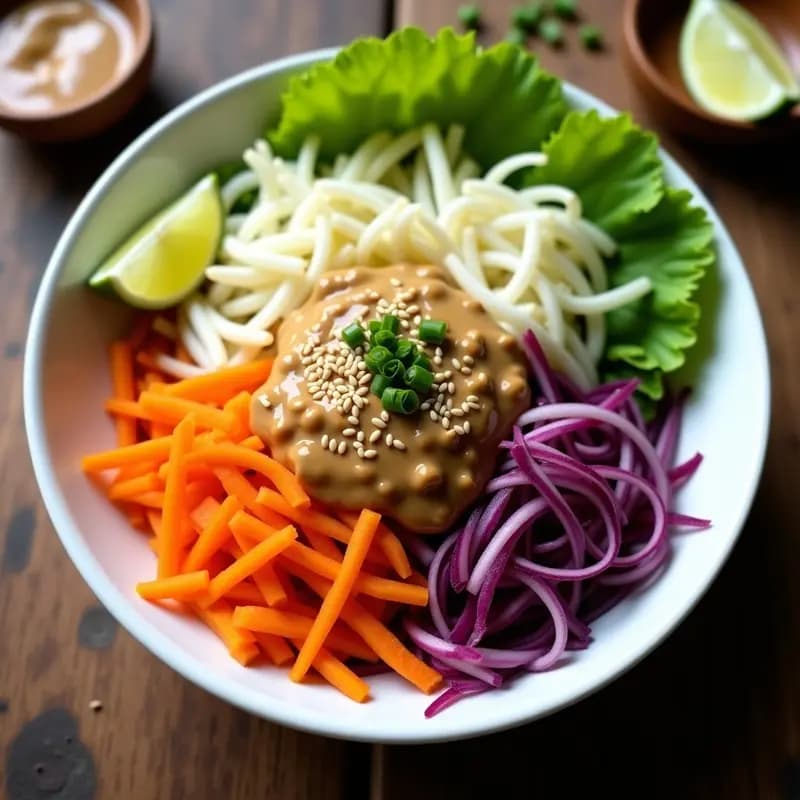 Plato hondo de cerámica blanca con ensalada T Wartoh indonesia crudivegana: coliflor y zanahoria morada en juliana, brotes de soja y lechuga romana, bañados en salsa de cacahuete cremosa. Decorado con semillas de sésamo y cebollino fresco.
