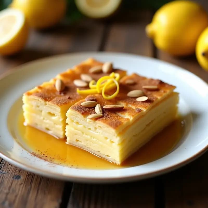 Galaktoboureko griego de semolina y limón sin lactosa, con capas doradas de hojaldre vegano y almendras tostadas, bañado en jarabe brillante de limón y miel de agave, servido en porciones cuadradas sobre plato blanco.