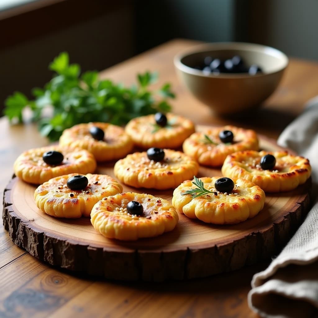 Galeta portuguesa dorada y crujiente de harina de garbanzo con trocitos de aceitunas negras y semillas de sésamo, dispuestas en una bandeja de madera rústica con perejil fresco. Receta sin gluten ideal para tupper.