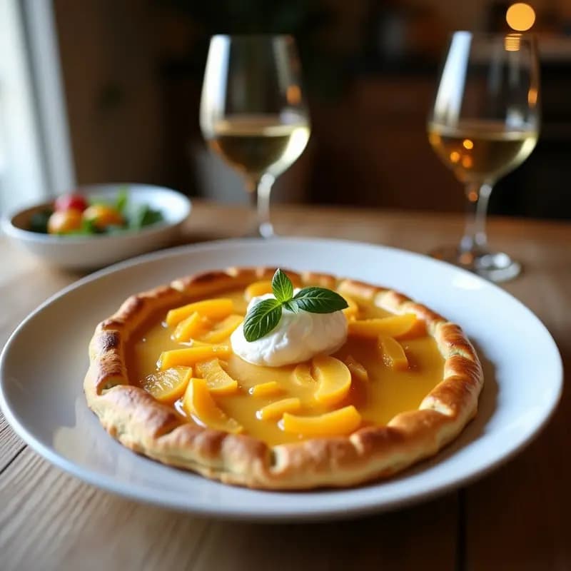 Galette bretona dorada y crujiente con láminas de manzana caramelizada y canela, espolvoreada con almendras fileteadas, sobre papel de horno rústico. Postre francés sin azúcar refinada.