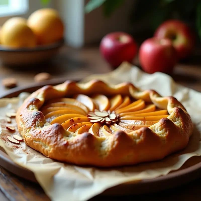 Galette Bretonne de manzana y canela sin gluten horneada, con borde dorado y relleno de láminas de manzana caramelizada, espolvoreada con almendras fileteadas. Postre francés saludable y baja en calorías sobre papel de horno rústico.