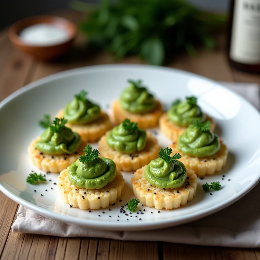 Galettes doradas y crujientes de arroz inflado con un vibrante pesto verde de brócoli, decoradas con semillas de cáñamo y hierbas provenzales sobre una bandeja de madera rústica. Aperitivo francés sin gluten, vegano y keto.