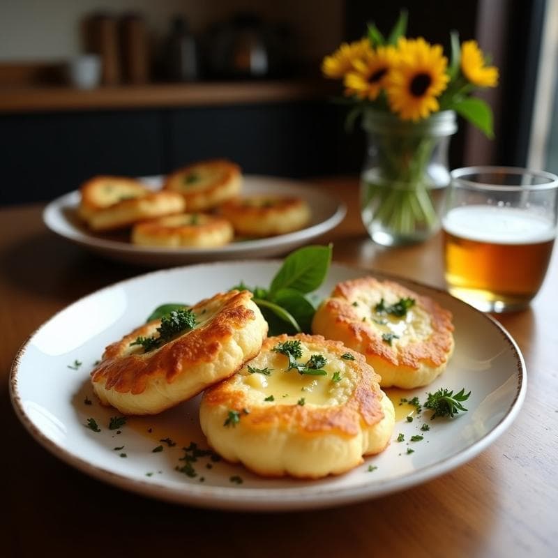 Galettes bretonas doradas y crujientes hechas con harina de buching, rellenas de queso de cabra cremoso, cebolla morada y jamón serrano, bañadas con miel de brezo. Plato tradicional francés servido en un plato rústico de barro con fondo borroso de cocina.