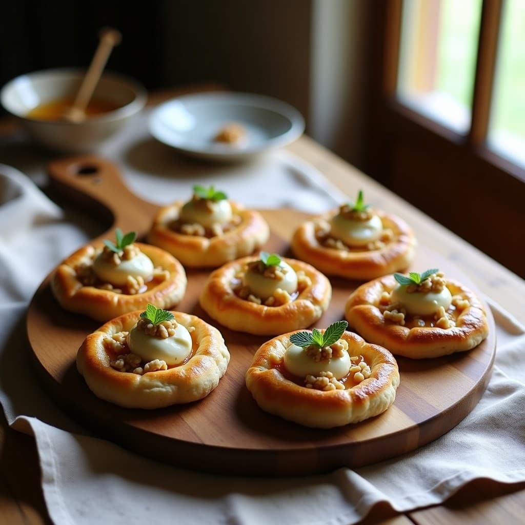 Galettes de espelta doradas y crujientes dispuestas en una bandeja de madera rústica, con compota de higos brillantes y queso de cabra desmenuzado en el centro, decoradas con hojas de menta fresca y nueces picadas. Receta francesa en Thermomix.