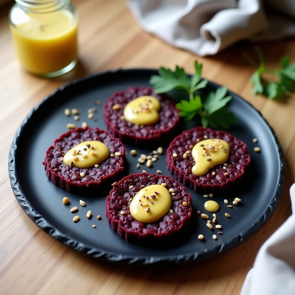 Galettes de lentejas beluga y remolacha crudiveganas dispuestas en un plato de pizarra, con vinagreta de mostaza brillante y semillas de sésamo tostadas. Receta francesa sin cocción.