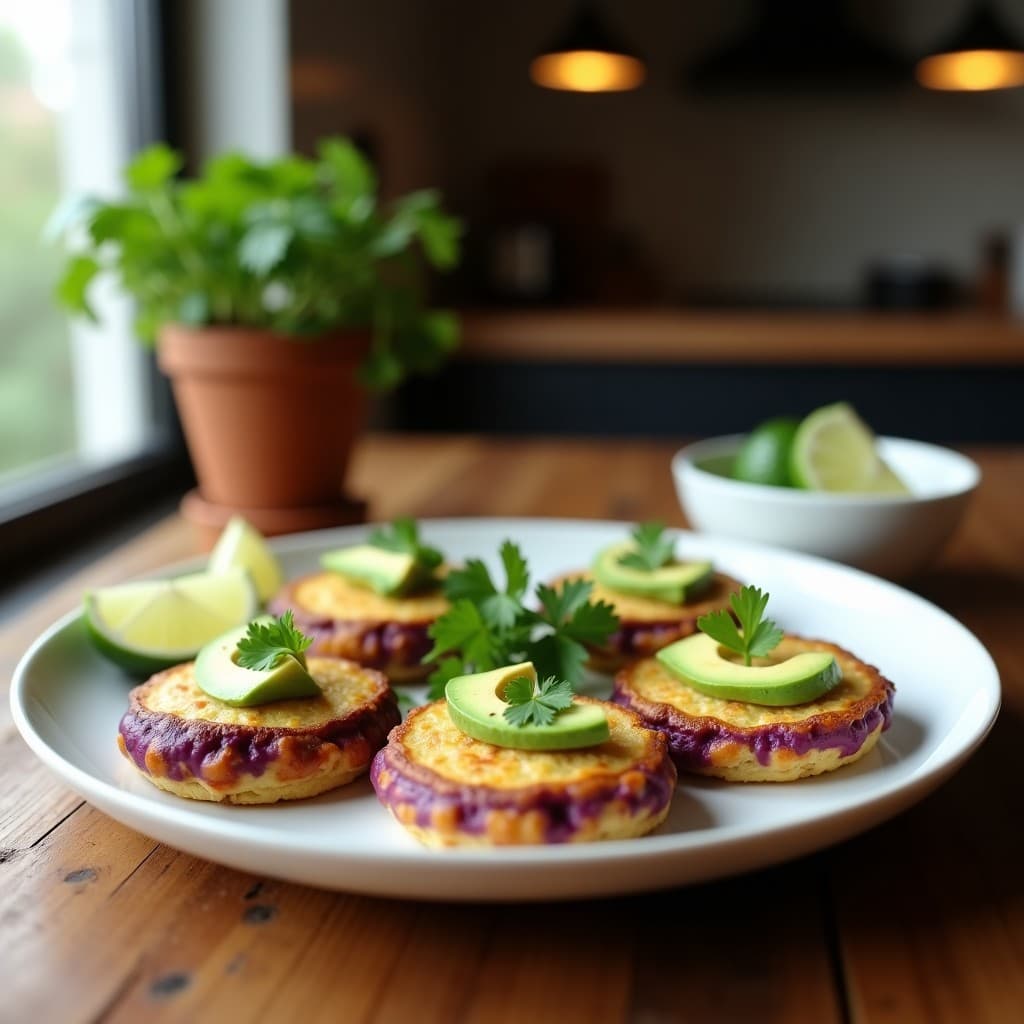 Plato blanco con galettes de maíz morado doradas y crujientes, rellenas de pollo desmenuzado y decoradas con láminas de aguacate hass y hojas de cilantro fresco. Receta peruana sin gluten.