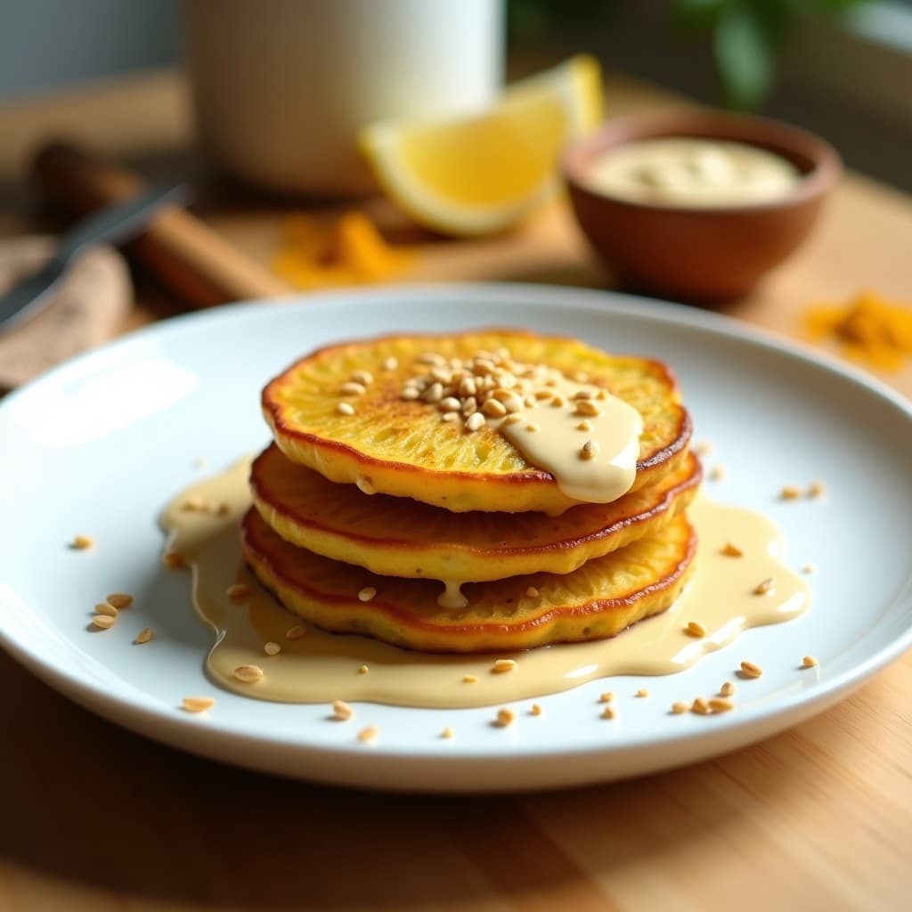 Plato blanco con tres galettes doradas de plátano macho y cúrcuma apiladas, bañadas en crema de tahini espesa y espolvoreadas con semillas de sésamo. Fondos de especias y rodajas de limón decoran la imagen. Receta de desayuno vegano y sin harina.