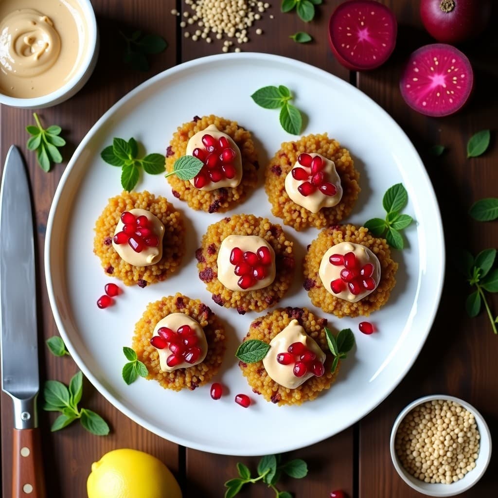 Plato blanco con galettes doradas de quinoa y remolacha, decoradas con crema de tahini espesa, semillas de granada rojas y hojas de menta verde. Fondos borrosos de ingredientes crudiveganos como tahini y remolacha rallada.