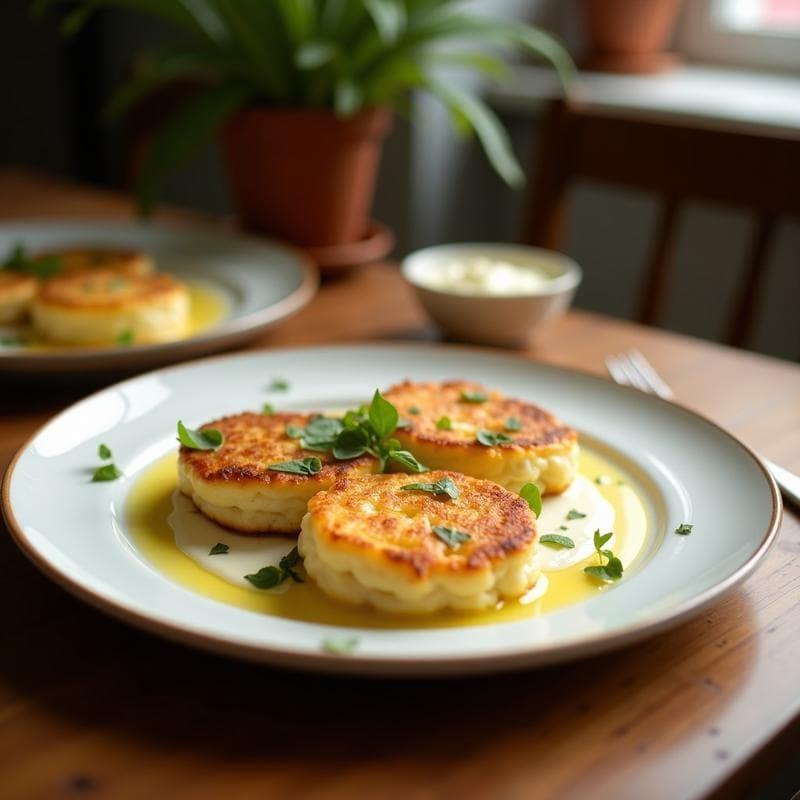 Plato blanco con cuatro galettes de sarrasil doradas y crujientes, servidas con crema de limón y eneldo en el centro. Decoradas con hojas de eneldo fresco y rodajas de limón al lado. Fondo rústico con mantel de lino.