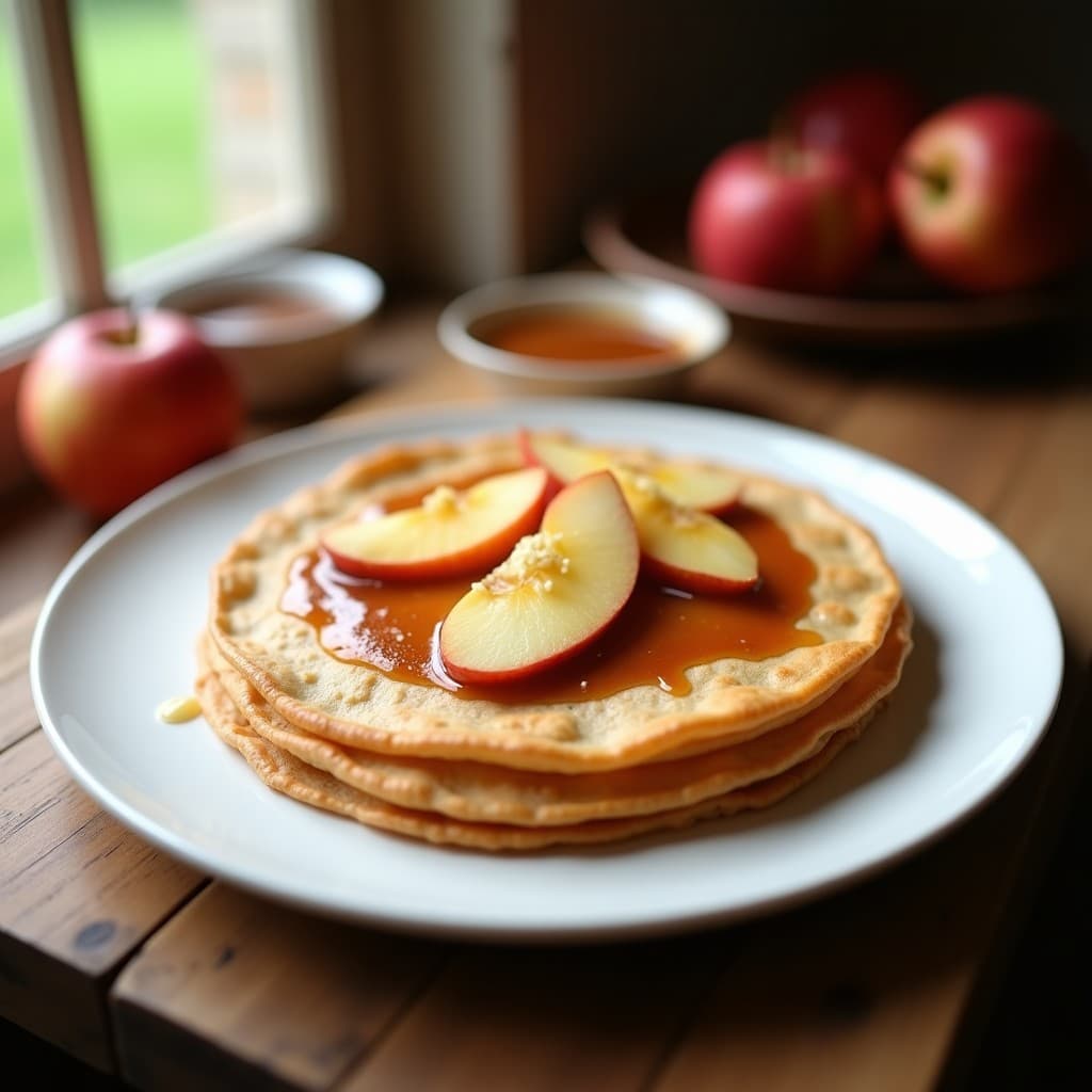 Galettes de sarrasin doradas con láminas de manzana verde dispuestas en espiral sobre un caramelo salado brillante, espolvoreadas con almendras fileteadas y sal en escamas, sobre un fondo rústico de madera oscura.