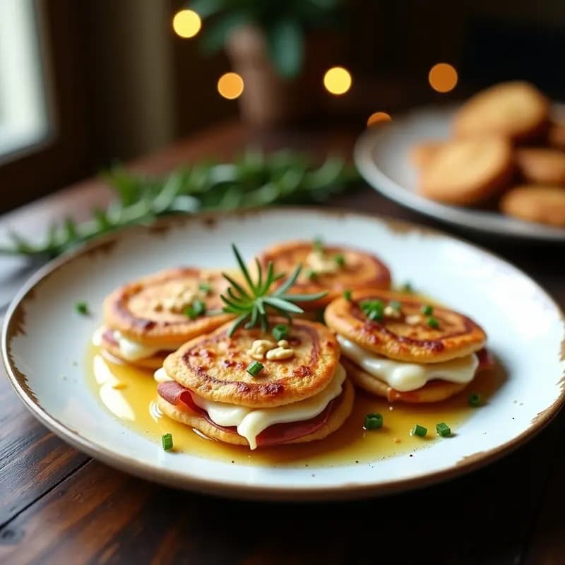 Galettes de sarraso doradas rellenas de jamón serrano en láminas y queso de cabra cremoso, servidas en plato de madera con hierbas frescas y miel de tomillo al lado.