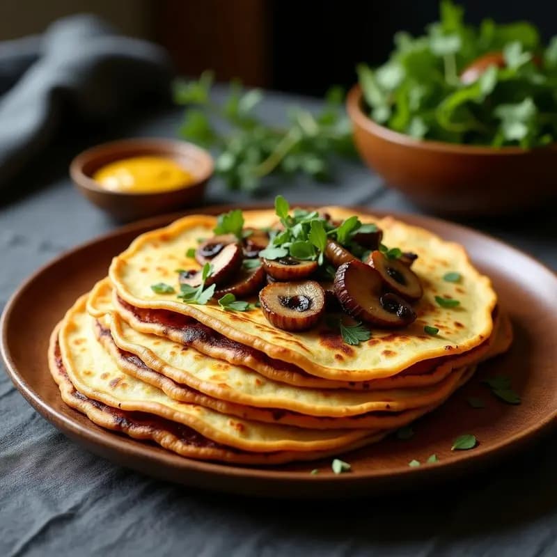 Galettes de sarrassin doradas y crujientes rellenas de champiñones portobello salteados y cebolla morada caramelizada al vino tinto, decoradas con perejil fresco. Plato típico francés sin gluten sobre fondo rústico de madera.