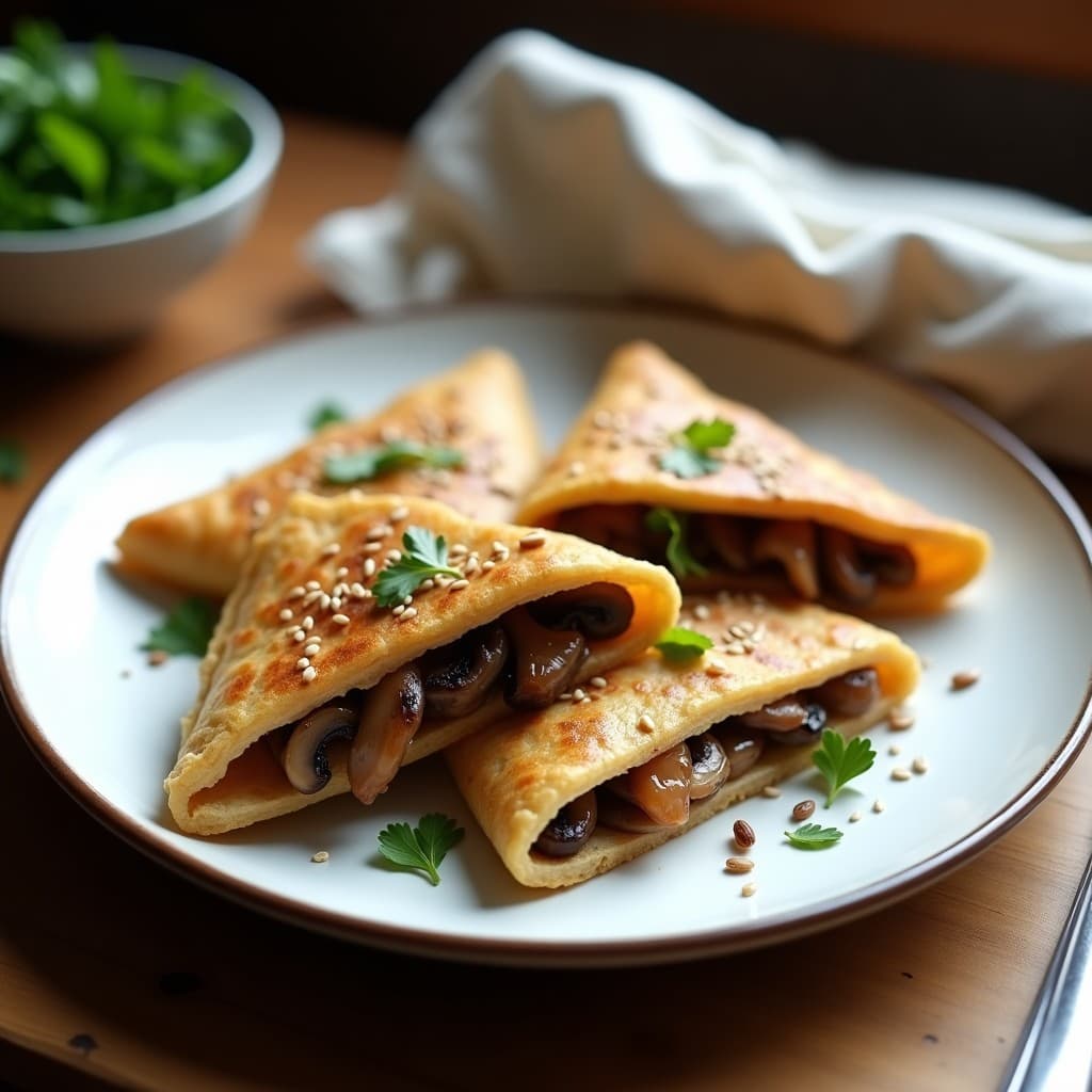 Plato de galettes de trigo sarraceno doradas y crujientes, rellenas de cebolla morada caramelizada y champiñones portobello salteados, decoradas con perejil fresco y semillas de sésamo, sobre un fondo rústico de madera.