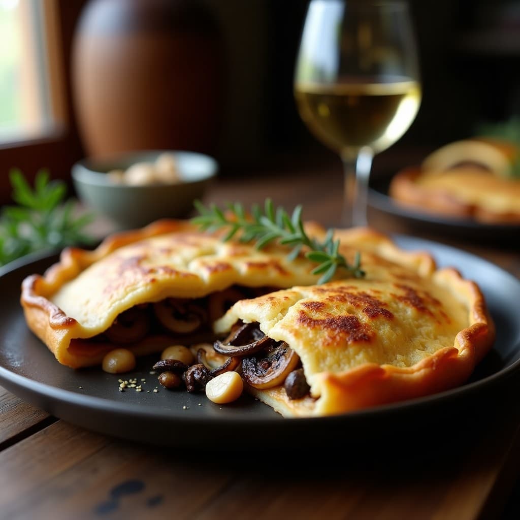 Galette de trigo sarraceno dorada y crujiente doblada por la mitad, rellena de hongos silvestres salteados con cebolla morada y tomillo, servida en un plato de cerámica rústica con fondo de madera oscura.