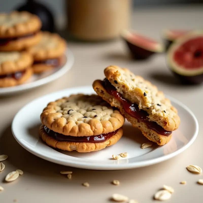 Galleta de avena dorada rellena de crema de cacahuete y mermelada de higo, cortada por la mitad para mostrar su interior cremoso. Presentada en un plato blanco con semillas de chía y avena tostada como decoración, fondo claro y luz natural para resaltar su textura crujiente y el contraste de colores entre el marrón del cacahuete y el dorado del higo.