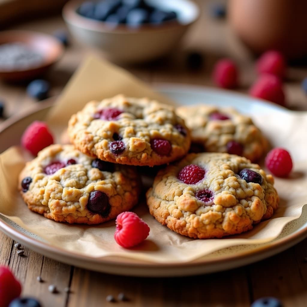 Galletas doradas y crujientes de avena y proteína de vainilla con trozos de frutos rojos en la superficie, servidas en un plato blanco sobre fondo rústico de madera. Receta keto sin harina.