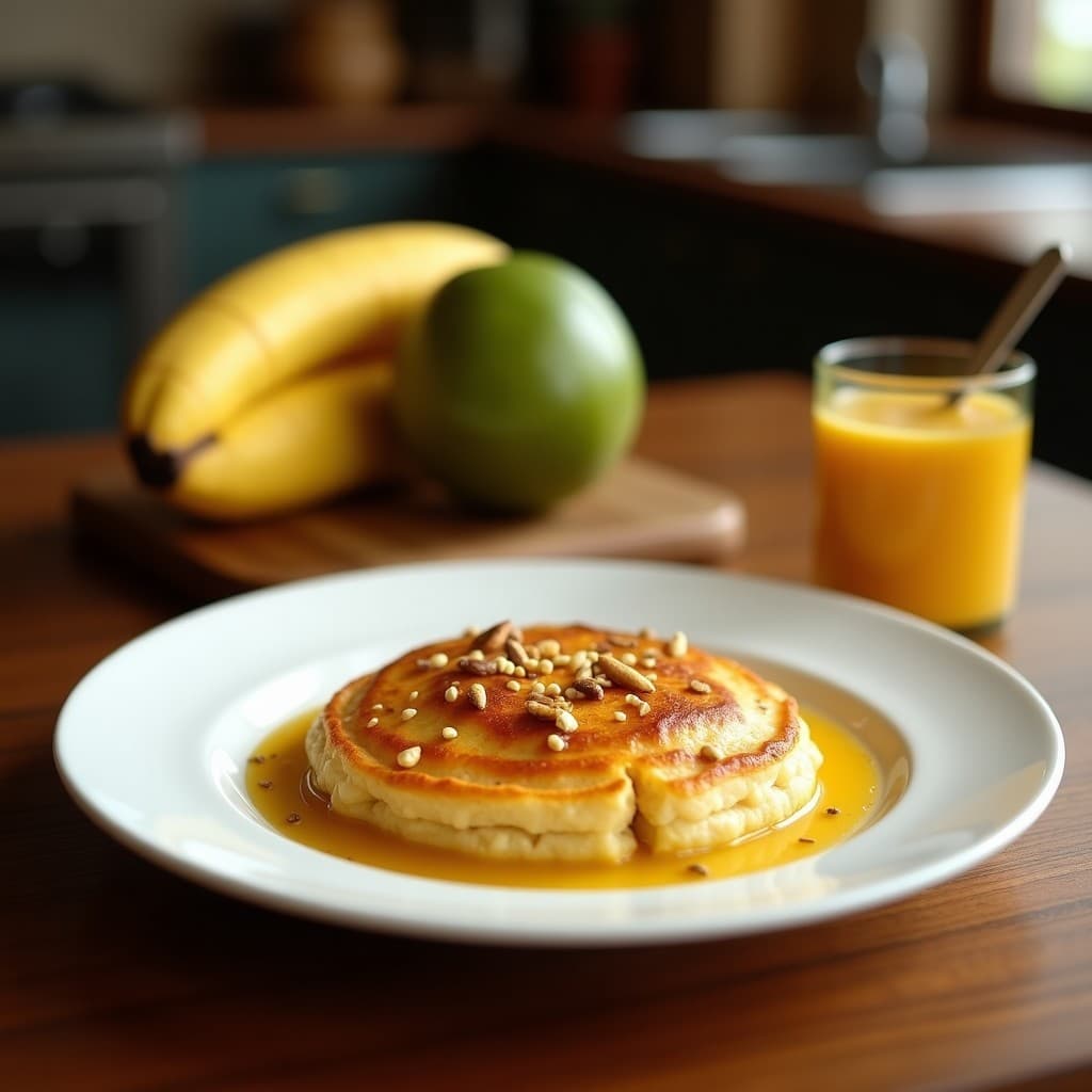 Gallete dorado de avena y puré de guayaba con semillas de chía, textura crujiente por fuera y esponjosa por dentro, decorado con almendras fileteadas y servido en plato rústico de madera sobre fondo claro.