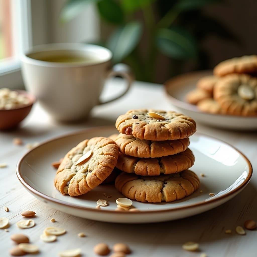 Galletas doradas de avena y semillas de chía sin harina, apiladas en un plato blanco rústico con textura crujiente y almendras fileteadas visibles, acompañadas de un té verde en fondo borroso.