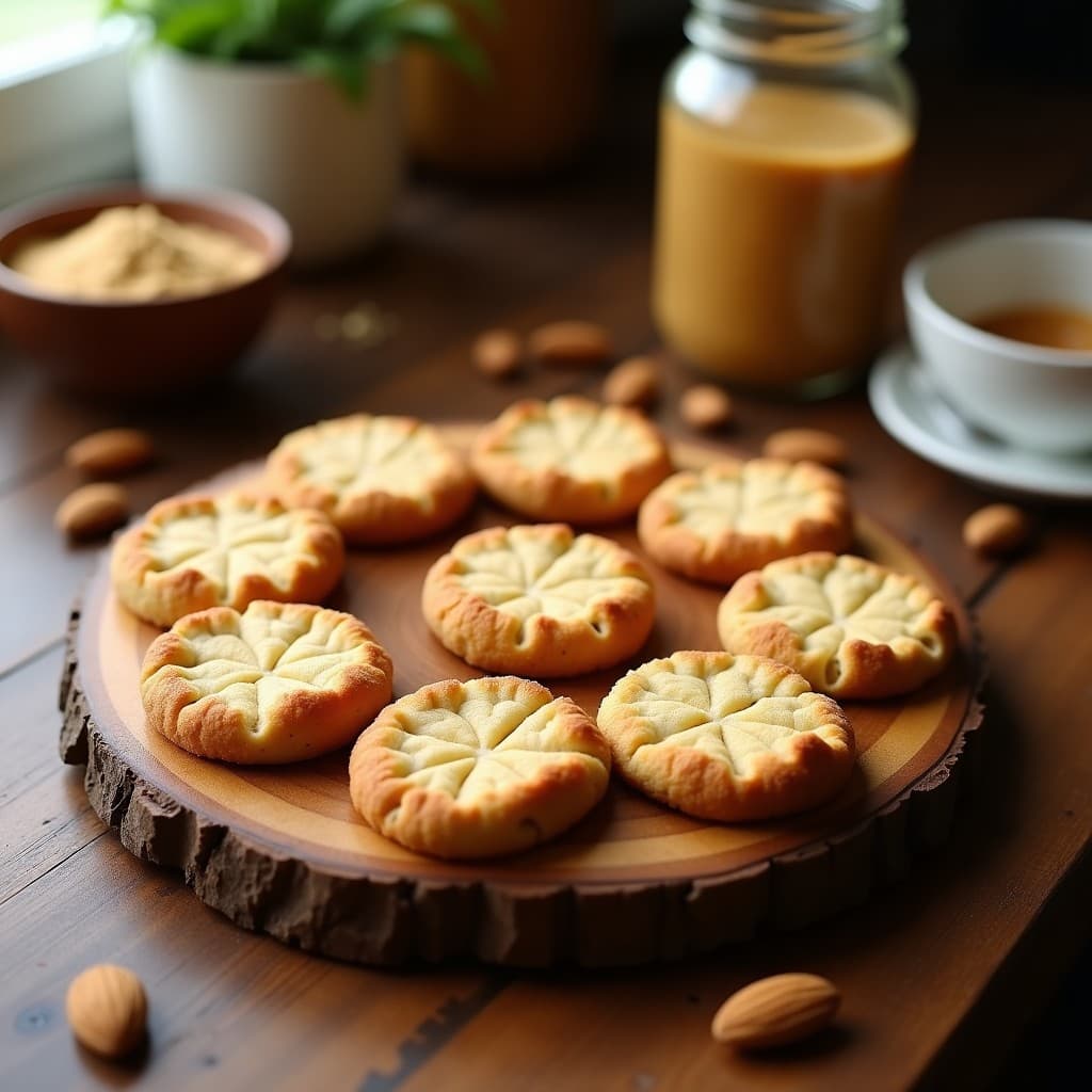 Galletas doradas y crujientes de almendra y harina de grillo sobre una bandeja de madera rústica, con textura porosa y bordes ligeramente tostados. Receta keto alta en proteína y sin harina tradicional.