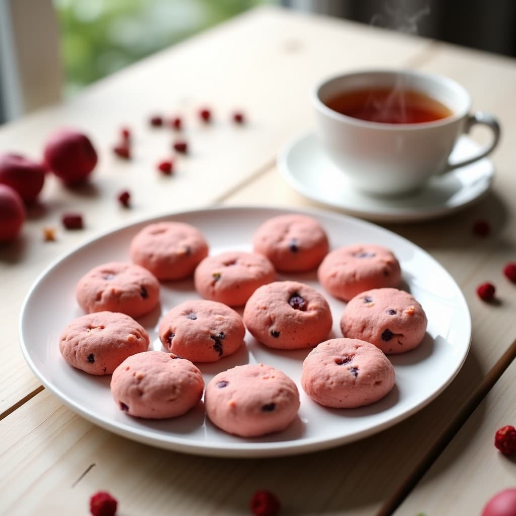 Galletas keto de almendra y hibisco sin horno, de color rosado claro con coco rallado por encima, dispuestas en un plato blanco sobre fondo rústico de madera. Textura crujiente y decoración con pétalos de hibisco secos.
