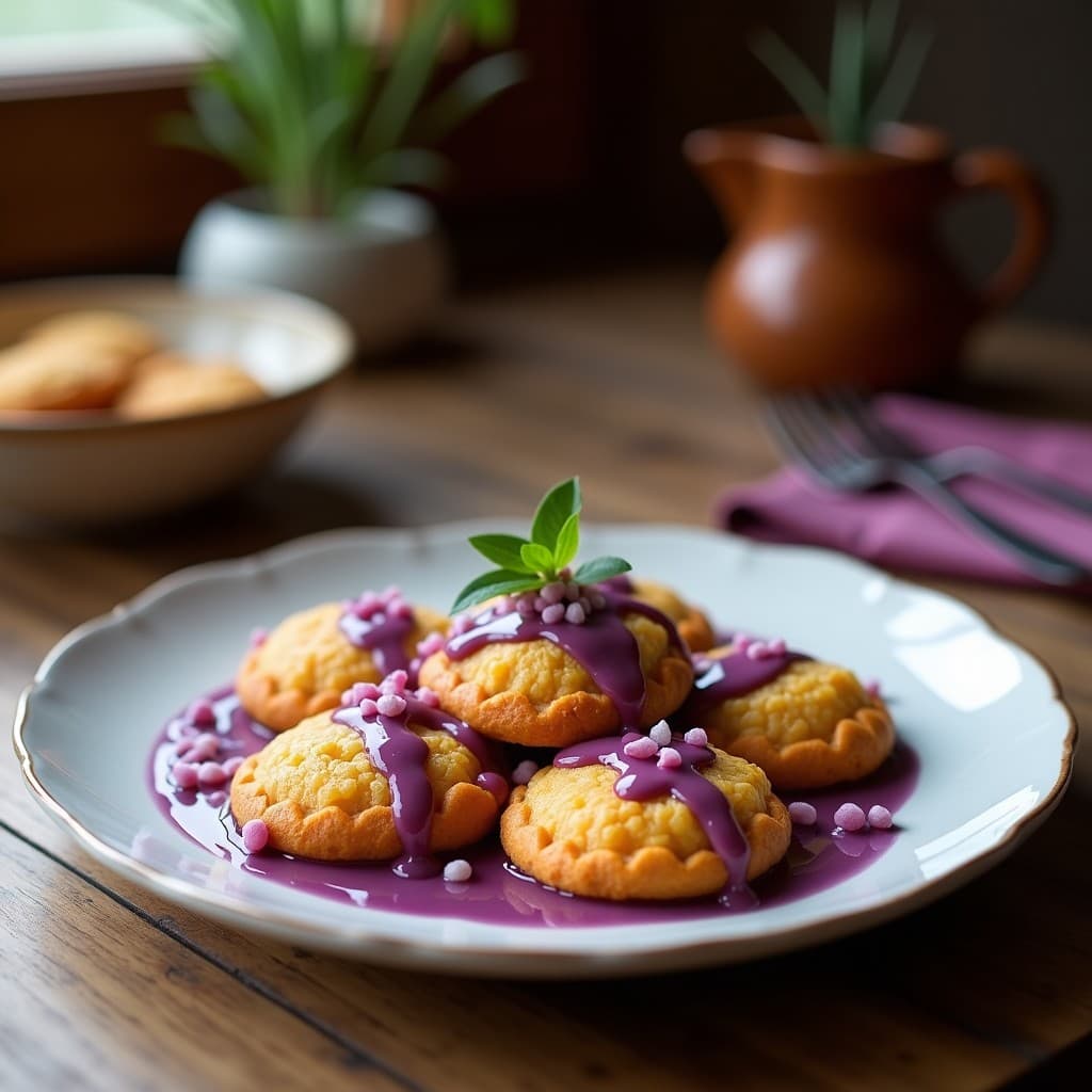 Galletas redondas de color morado intenso con vetas doradas, coronadas por un topping cremoso de lúcuma y semillas de chía. Presentadas en una bandeja de madera rústica con hojas de coca como decoración. Postre peruano sin azúcar, crujiente y elegante.