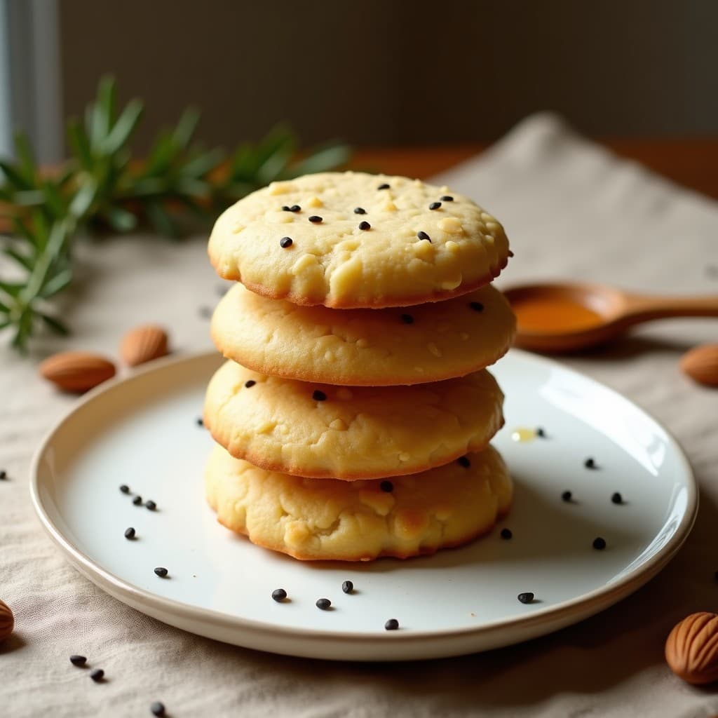 Galletas doradas de almendra y miel con semillas de amapola, apiladas en un plato rústico de cerámica blanca sobre un mantel de lino beige. Se aprecian las semillas de amapola incrustadas en la superficie crujiente y el tono dorado de los bordes. Receta sin gluten y alta en fibra.