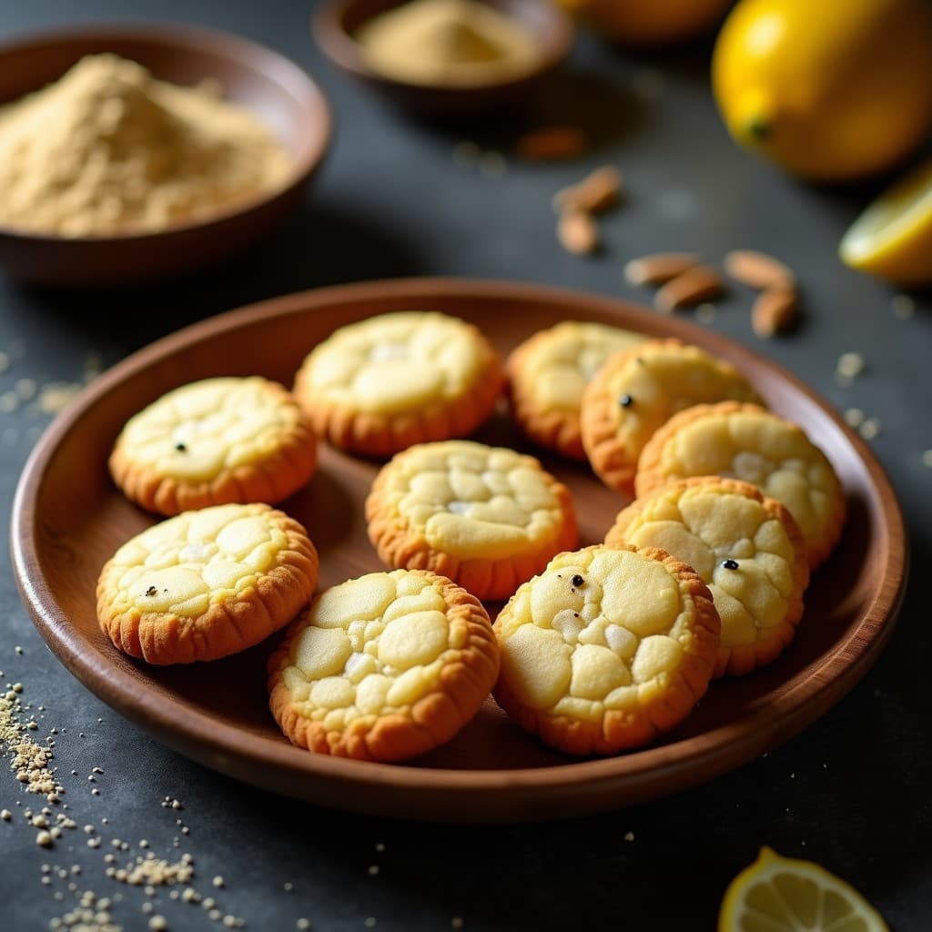 Bandeja de madera con galletas doradas de harina de almendra y polvo de insectos, decoradas con semillas de sésamo. Textura crujiente y color uniforme, acompañadas de limón rallado y hojas de menta fresca. Receta ecofriendly y alta en proteína.