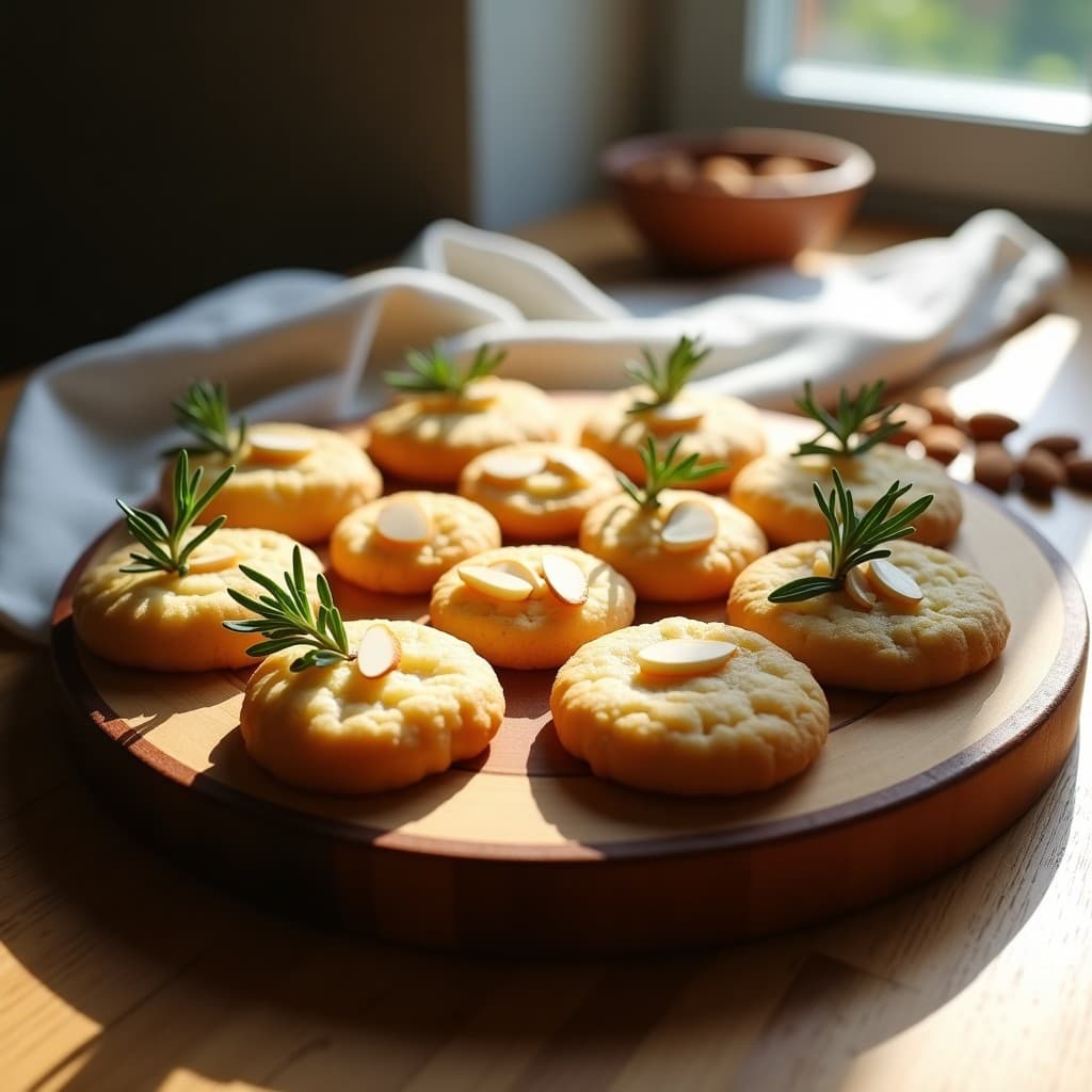 Galletas doradas de almendra y romero veganas, con almendras fileteadas y hojas de romero fresco en la superficie, dispuestas en una bandeja de madera rústica sobre un fondo claro.