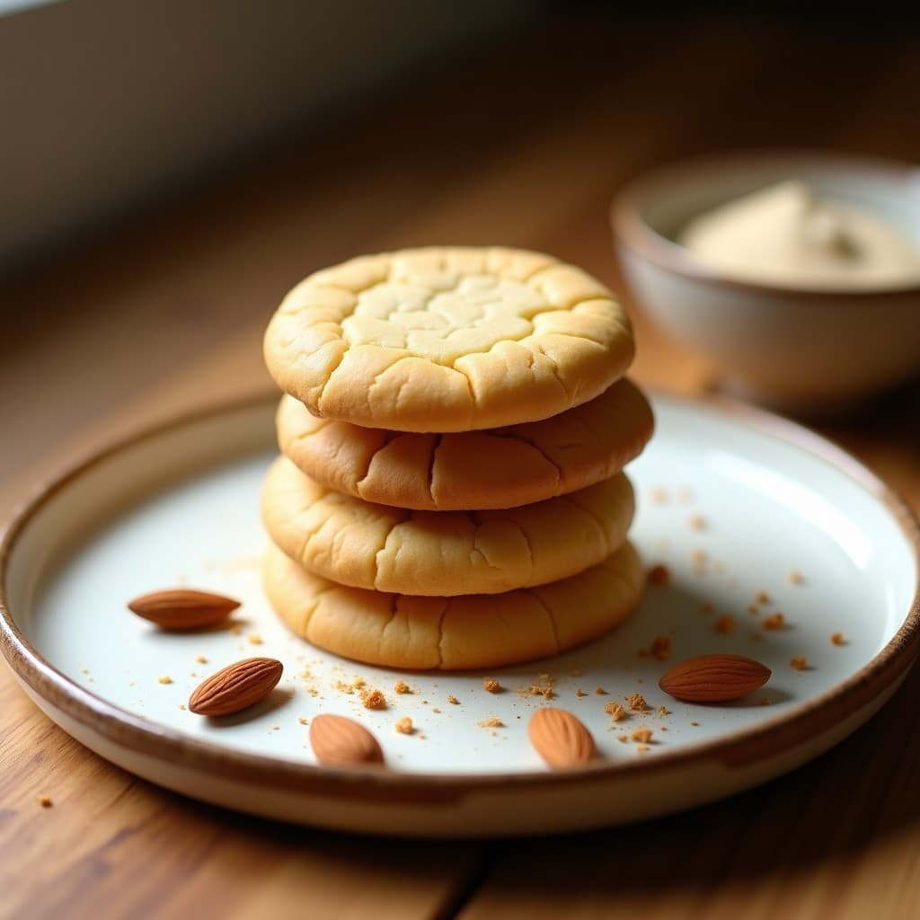 Galletas doradas de almendra y stevia keto, crujientes y apiladas en un plato blanco rústico, con migas de almendra y un toque de canela espolvoreada. Receta sin azúcar para antojos dulces.