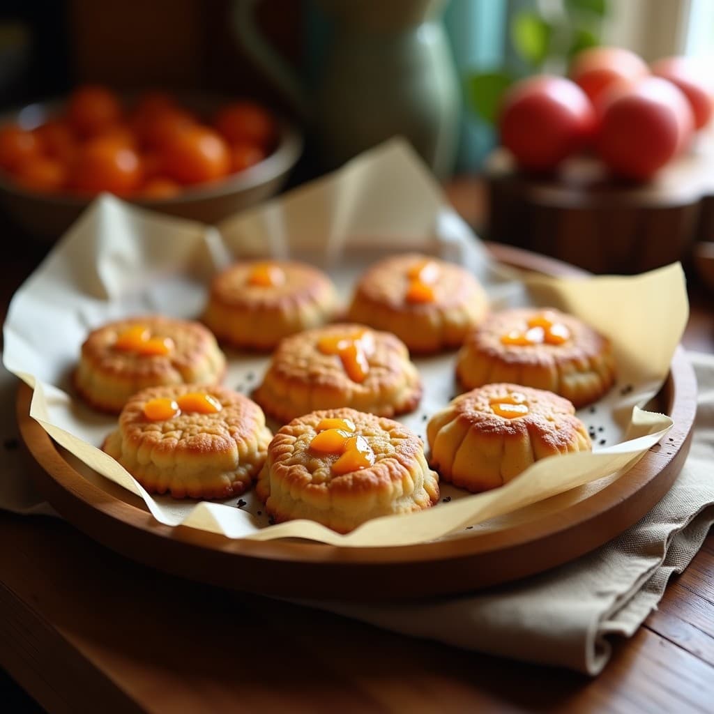 Galletas doradas y crujientes de harina de almendra con trozos de pulpa de tamarillo, dispuestas en una bandeja de madera rústica sobre papel de hornear. Snack peruano sin gluten con textura esponjosa y aroma afrutado.