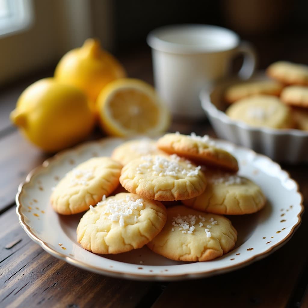 Galletas doradas y crujientes de coco y limón con semillas de amapola, apiladas en un plato de cerámica blanca sobre fondo rústico, postre colombiano sin harina.