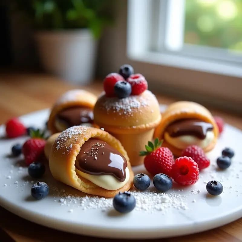 Galletas doradas en forma de cono de helado rellenas de Nutella cremosa y coronadas con frutos rojos frescos y azúcar glass, postre crujiente y cremoso sobre fondo blanco.
