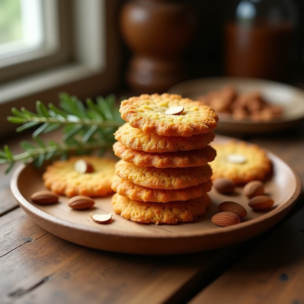 Galletas doradas y crujientes de garbanzo y almendras, apiladas sobre un plato de madera rústico, con textura irregular y bordes ligeramente tostados, acompañadas de un puñado de almendras fileteadas y hierbas frescas al fondo.