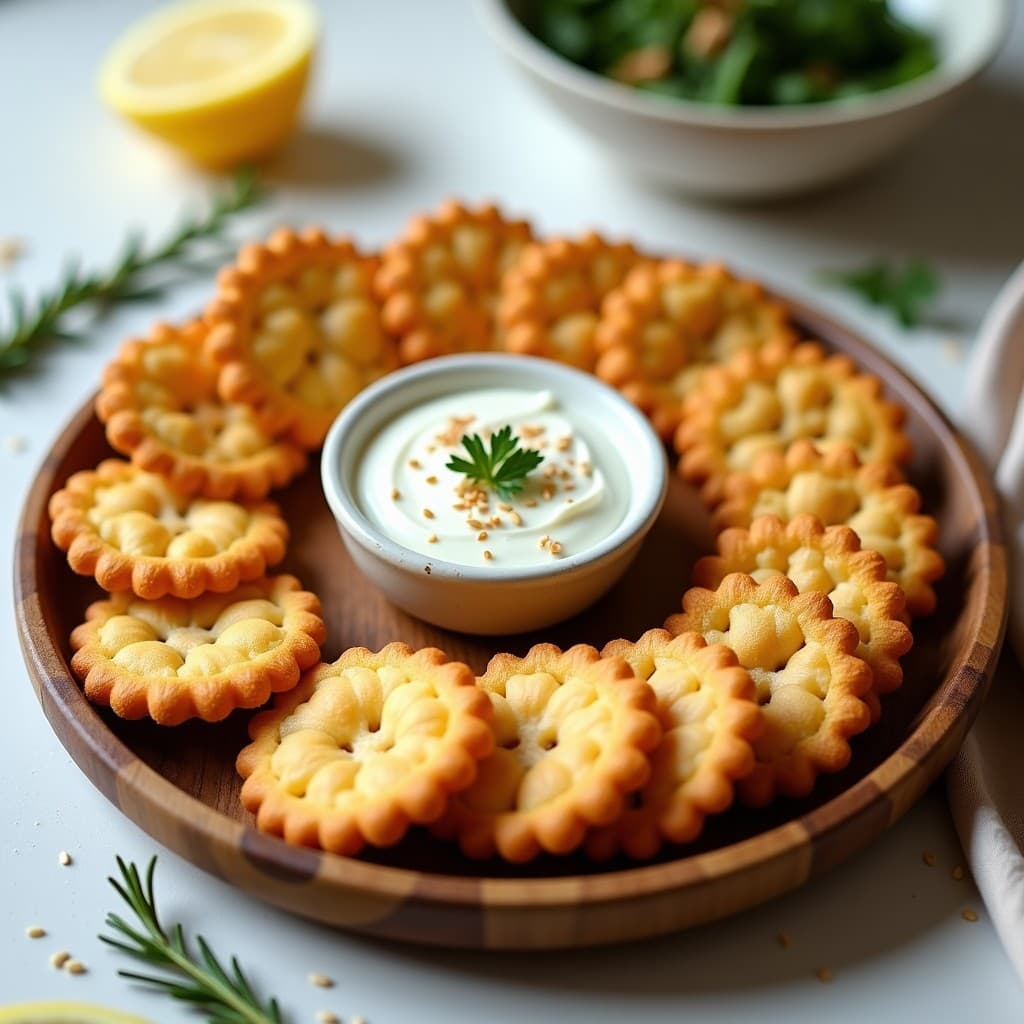Plato blanco con galletas doradas de garbanzo y romero en forma de estrella, acompañadas de un dip cremoso de yogur de soja en un bol pequeño, decorado con hojas de romero fresco y semillas de sésamo tostadas.
