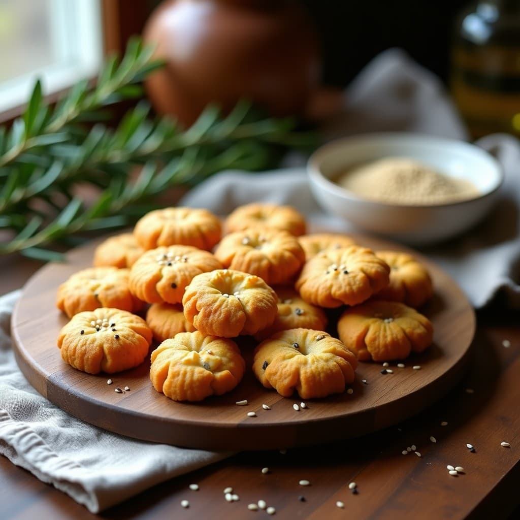 Galletas doradas y crujientes de garbanzo con romero y semillas de sésamo, dispuestas en una bandeja de madera rústica. Snack vegano sin gluten ideal para tupper.