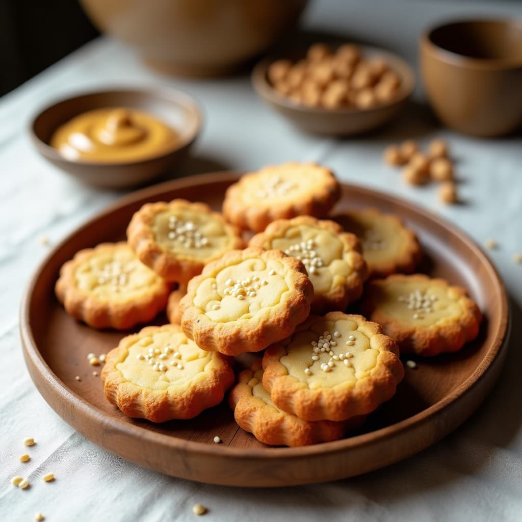 Galletas doradas y crujientes de garbanzo y tahini sin harina, espolvoreadas con semillas de sésamo, dispuestas en una bandeja de madera rústica con un cuenco de hummus al fondo.