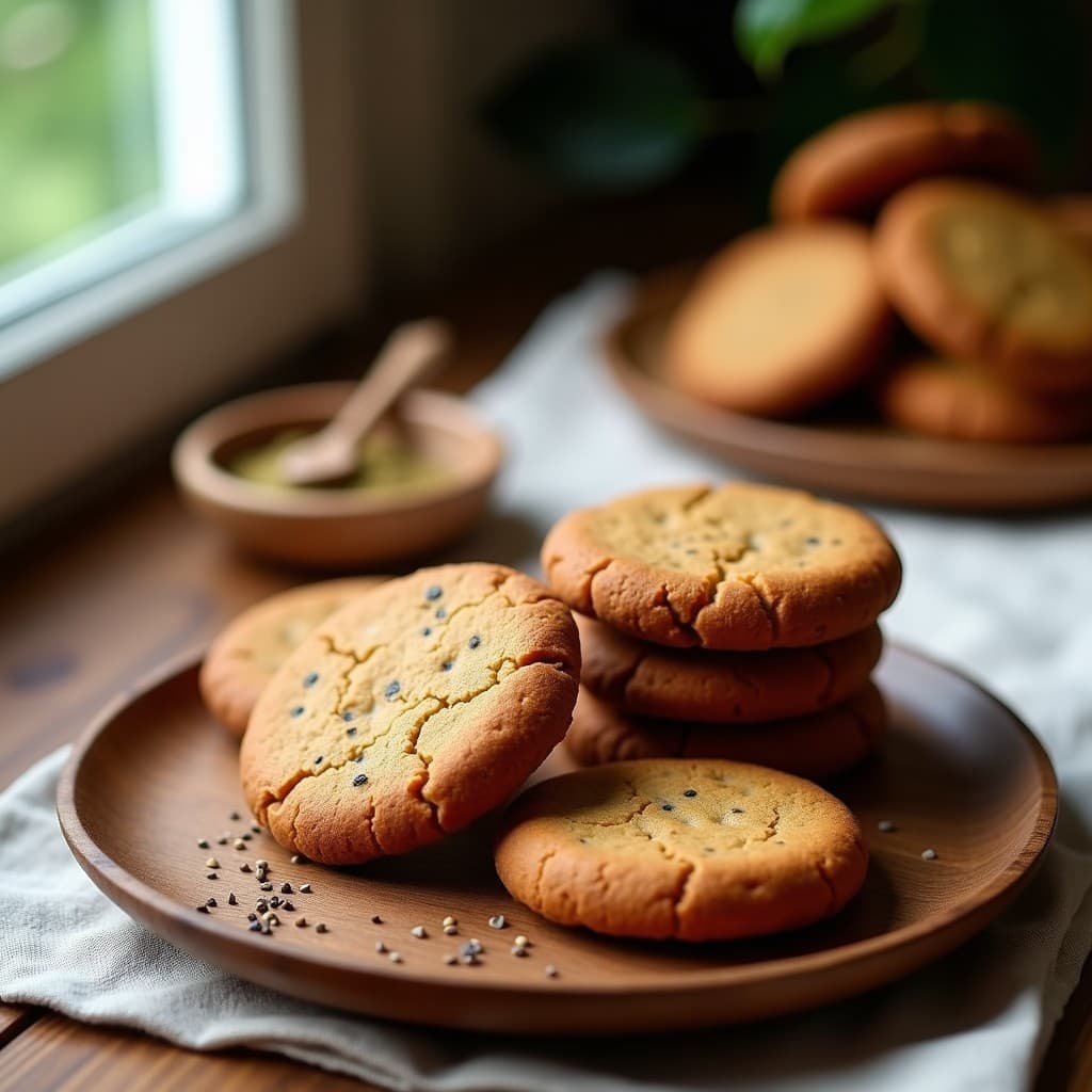 Galletas doradas y crujientes de harina de almendra y polvo de maca, apiladas en un plato de madera rústica con semillas de chía visibles en la superficie, acompañadas de un tazón de polvo de maca y una cuchara de madera al fondo. Receta energía andina sin gluten para el deporte.