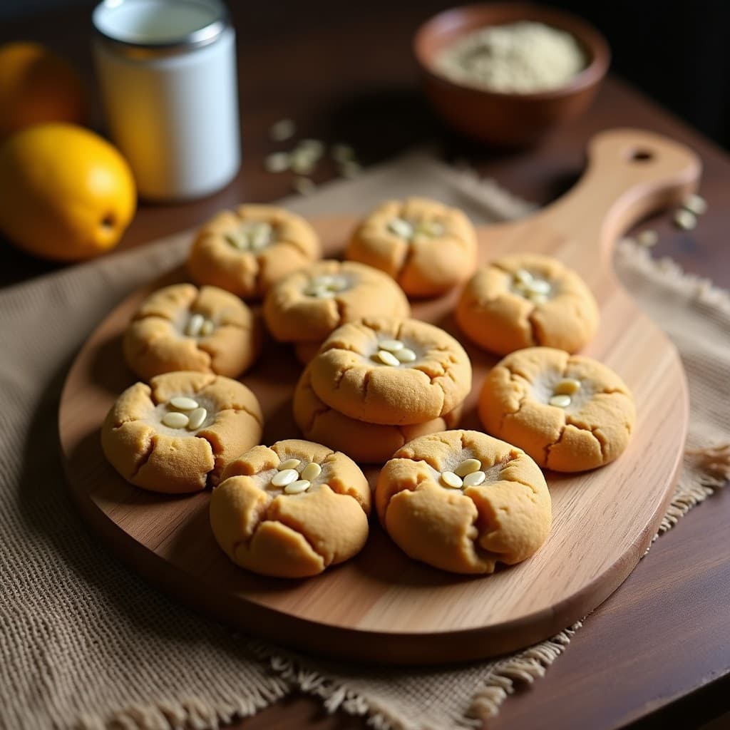 Galletas doradas y crujientes de harina de almendra y mantequilla de maní, apiladas sobre papel de horno rústico, con semillas de chía visibles. Snack proteico ideal para tupper, con textura irregular y bordes ligeramente dorados.