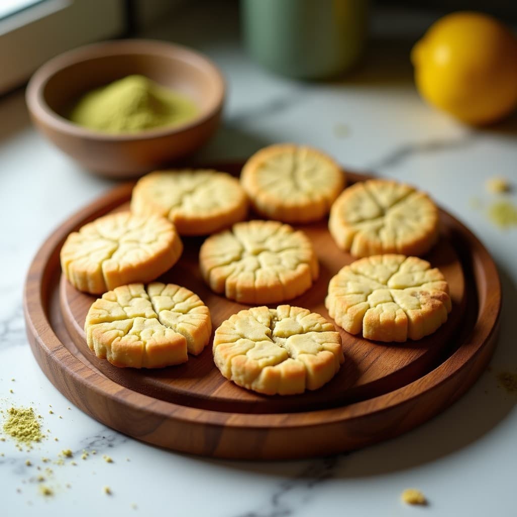 Galletas redondas doradas con textura crujiente, hechas de harina de almendra y polvo de moringa, dispuestas en una bandeja de madera rústica con hojas de menta fresca y semillas de chía esparcidas. Snack energético sin gluten.