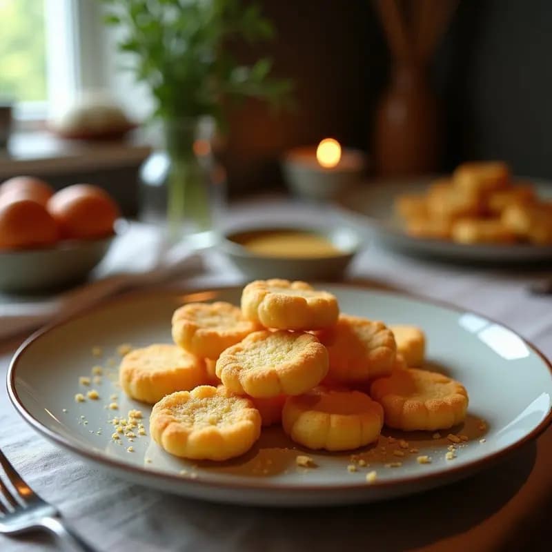 Galletas doradas y esponjosas de harina de almendra con trocitos verdes de poleo fresco, dispuestas en una bandeja de madera rústica sobre un mantel de lino beige, postre colombiano sin gluten y relajante.